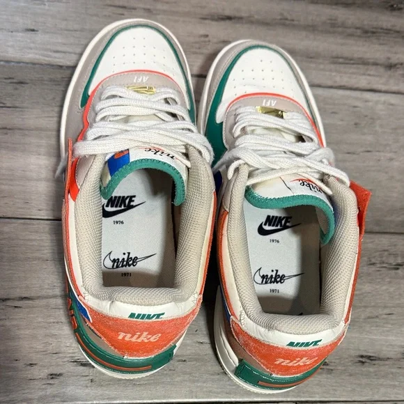 Nike Women Air Force 1 Low Sneakers - White, Green, Orange - Picture 4 of 12